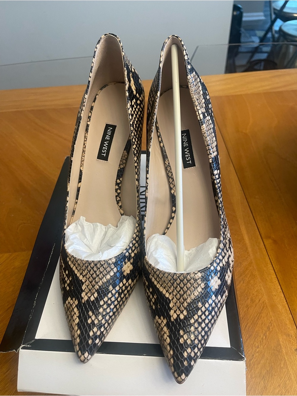 Nine West Beige and Black Snakeskin Pointed Toe Pumps